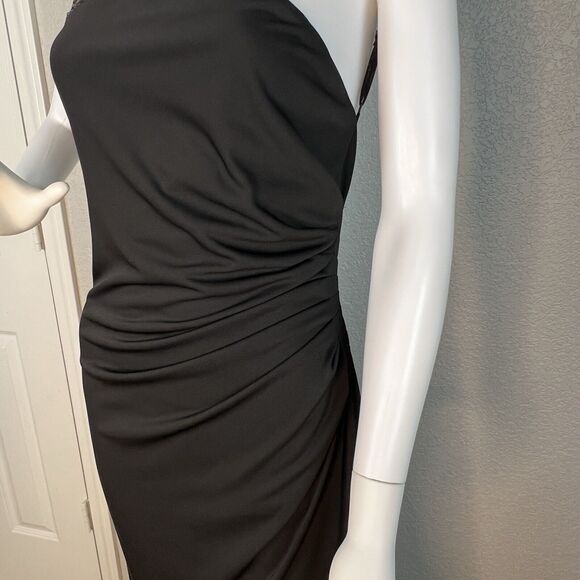 BCBGMAXAZRIA Size M Gown Asymmetric Neck Side Slit Black Open Back Gold Sequin - Picture 7 of 9